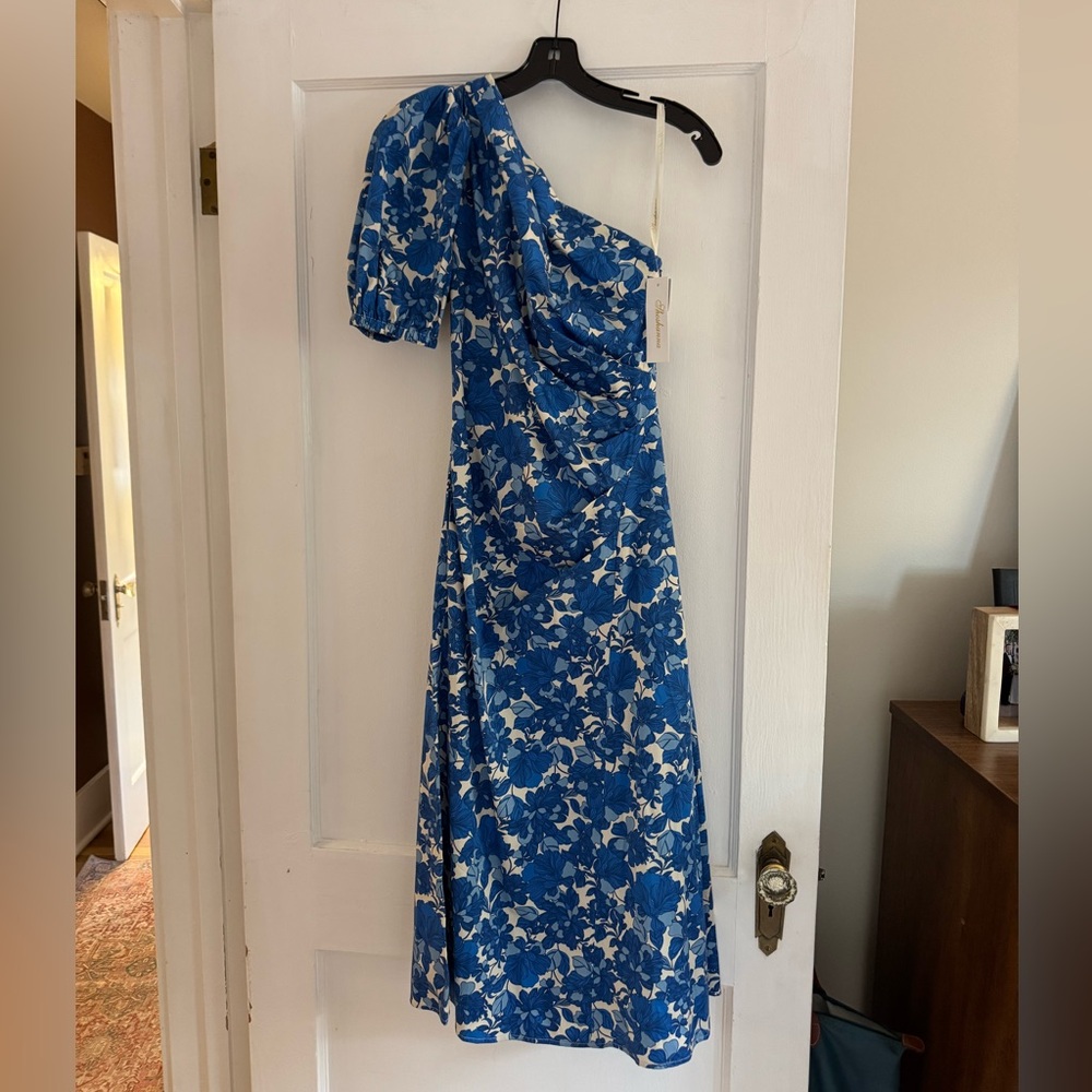 Shoshanna Blue Puff Sleeve One-Shoulder Gown